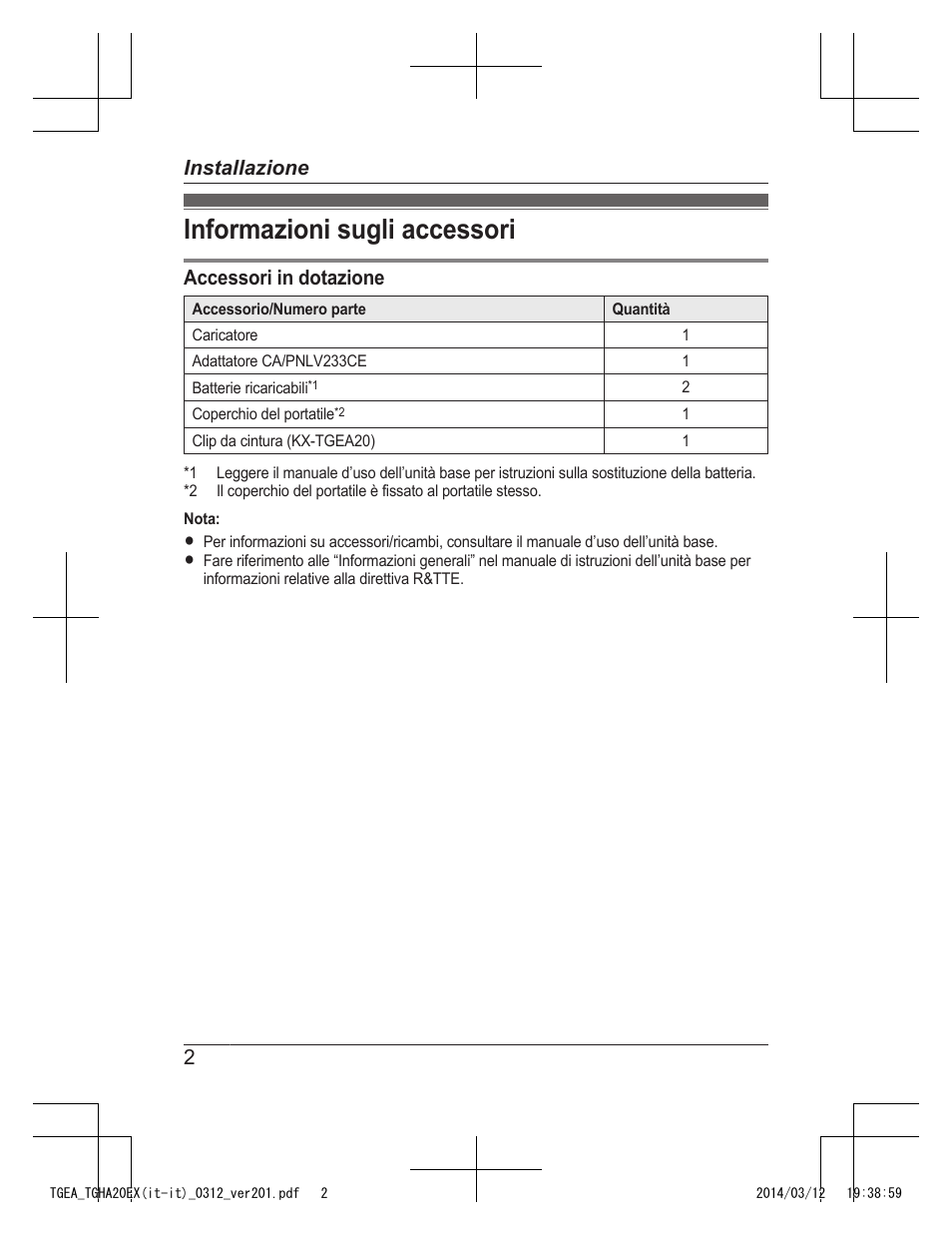 Installazione, Informazioni sugli accessori, Accessori in dotazione | 2installazione | Panasonic KXTGEA20EX User Manual | Page 90 / 112