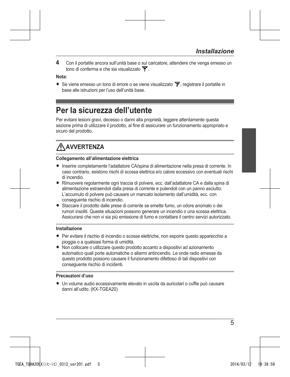 Per la sicurezza dell’utente | Panasonic KXTGEA20EX User Manual | Page 93 / 112