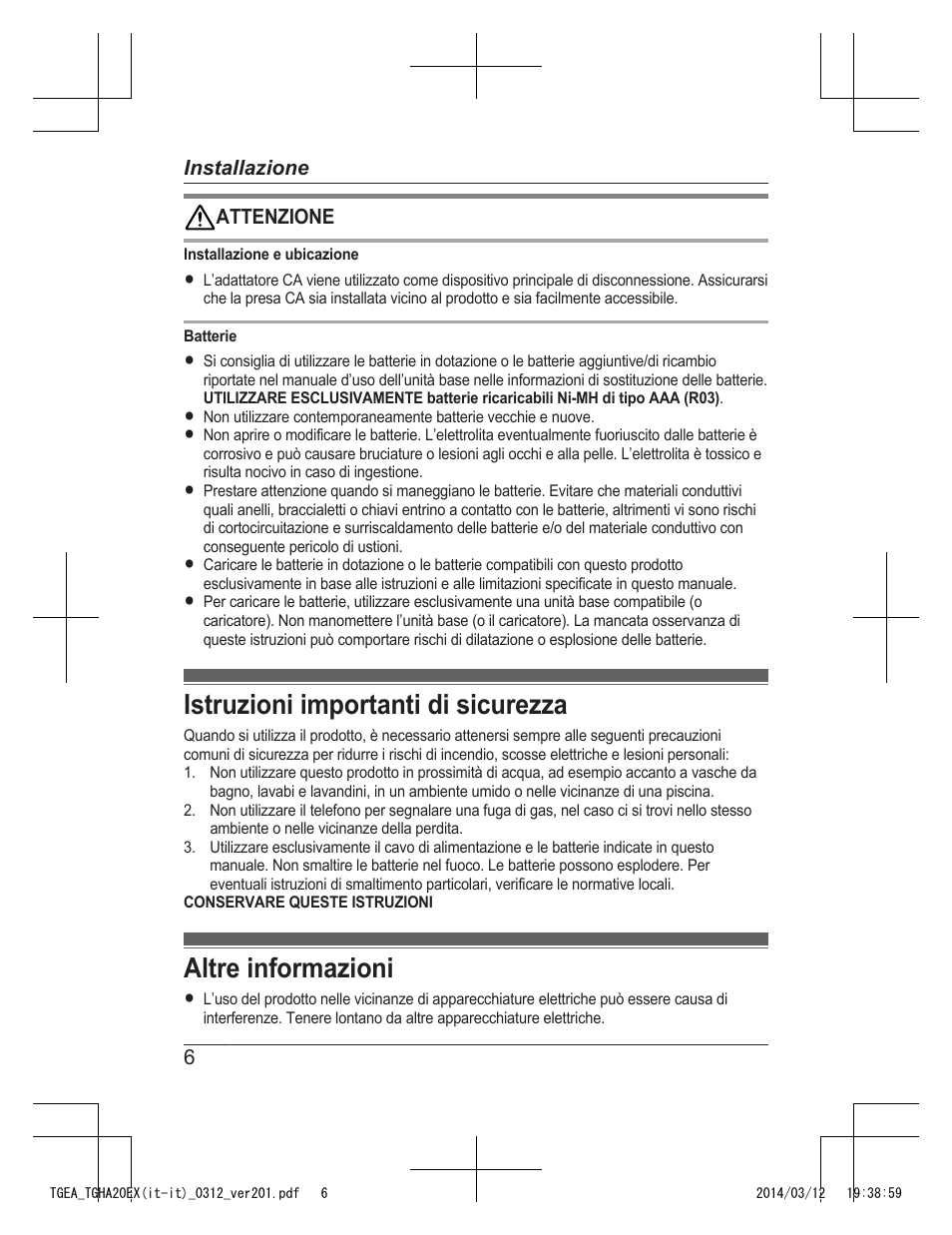 Istruzioni importanti di sicurezza, Altre informazioni | Panasonic KXTGEA20EX User Manual | Page 94 / 112