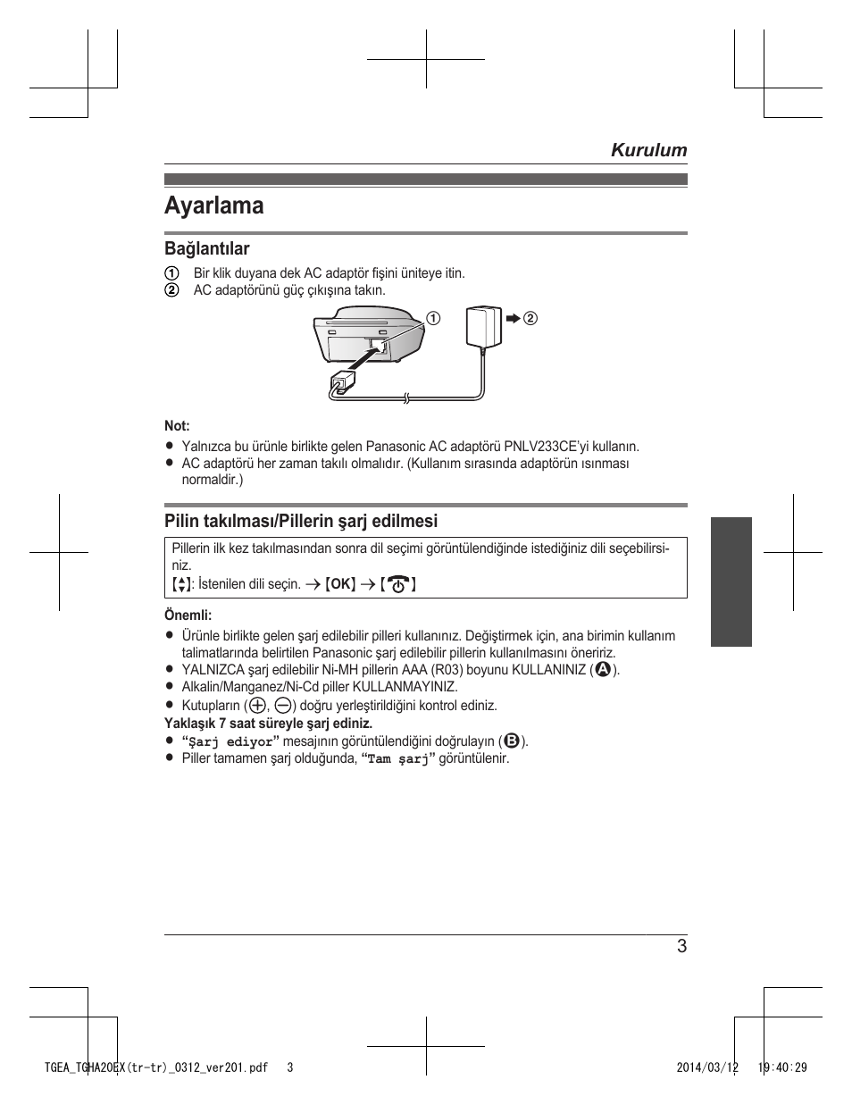 Ayarlama | Panasonic KXTGEA20EX User Manual | Page 99 / 112