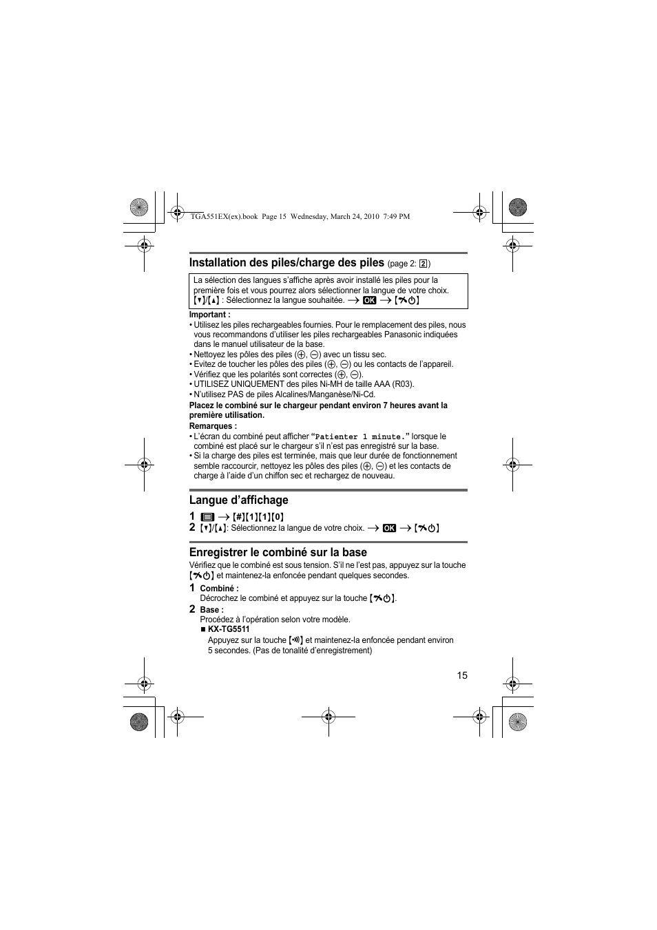 Installation des piles/charge des piles, Langue d’affichage, Enregistrer le combiné sur la base | Panasonic KXTGA551EX User Manual | Page 15 / 76