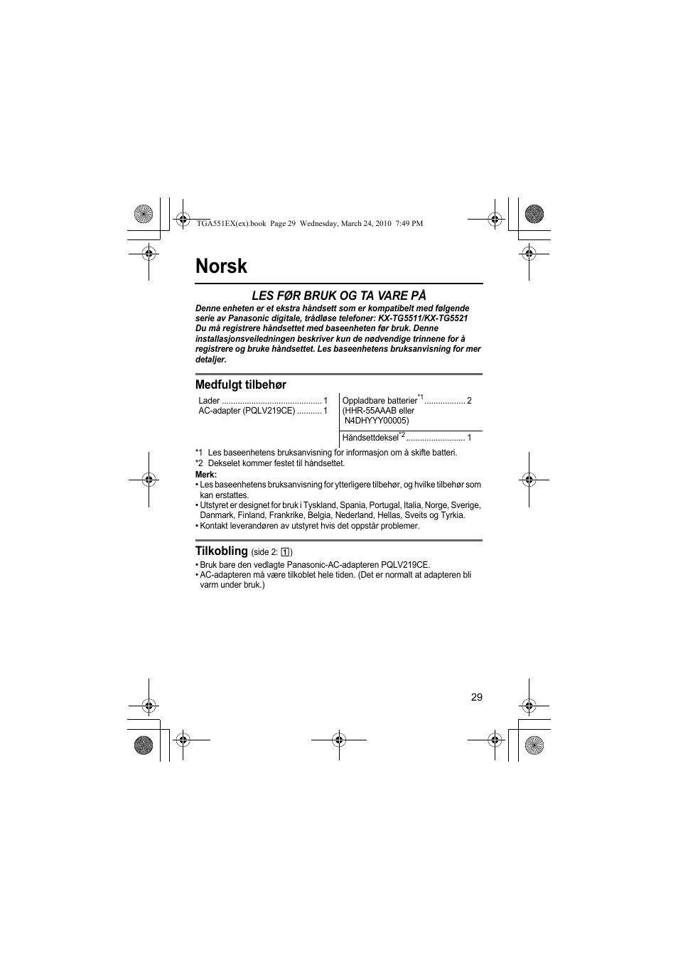 Norsk, Les før bruk og ta vare på, Medfulgt tilbehør | Tilkobling | Panasonic KXTGA551EX User Manual | Page 29 / 76