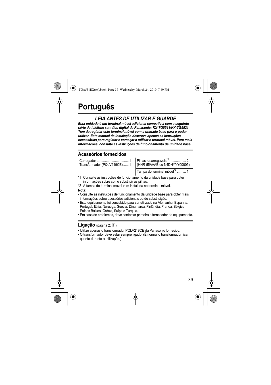 Português, Leia antes de utilizar e guarde, Acessórios fornecidos | Ligação | Panasonic KXTGA551EX User Manual | Page 39 / 76