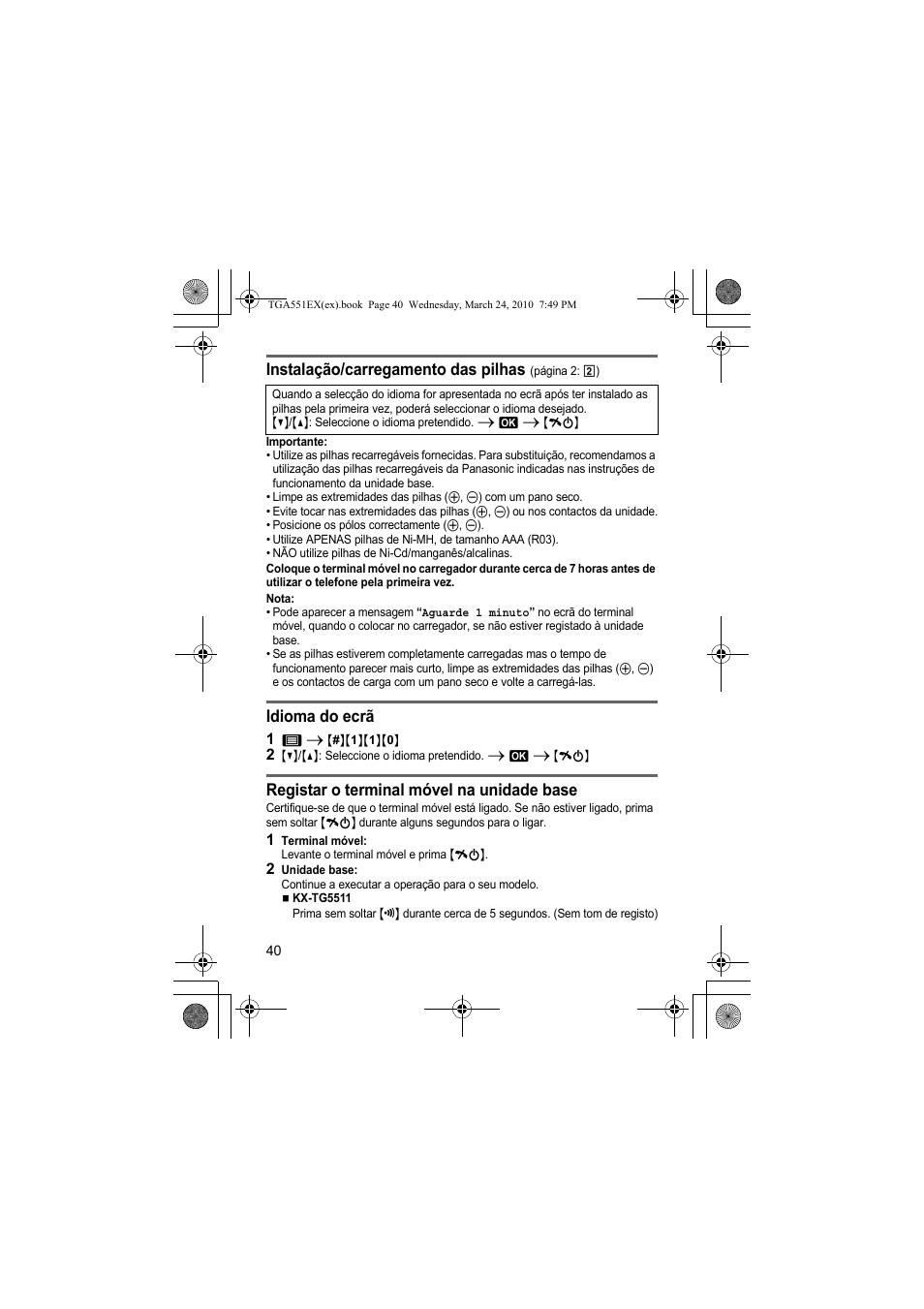 Instalação/carregamento das pilhas, Idioma do ecrã, Registar o terminal móvel na unidade base | Panasonic KXTGA551EX User Manual | Page 40 / 76