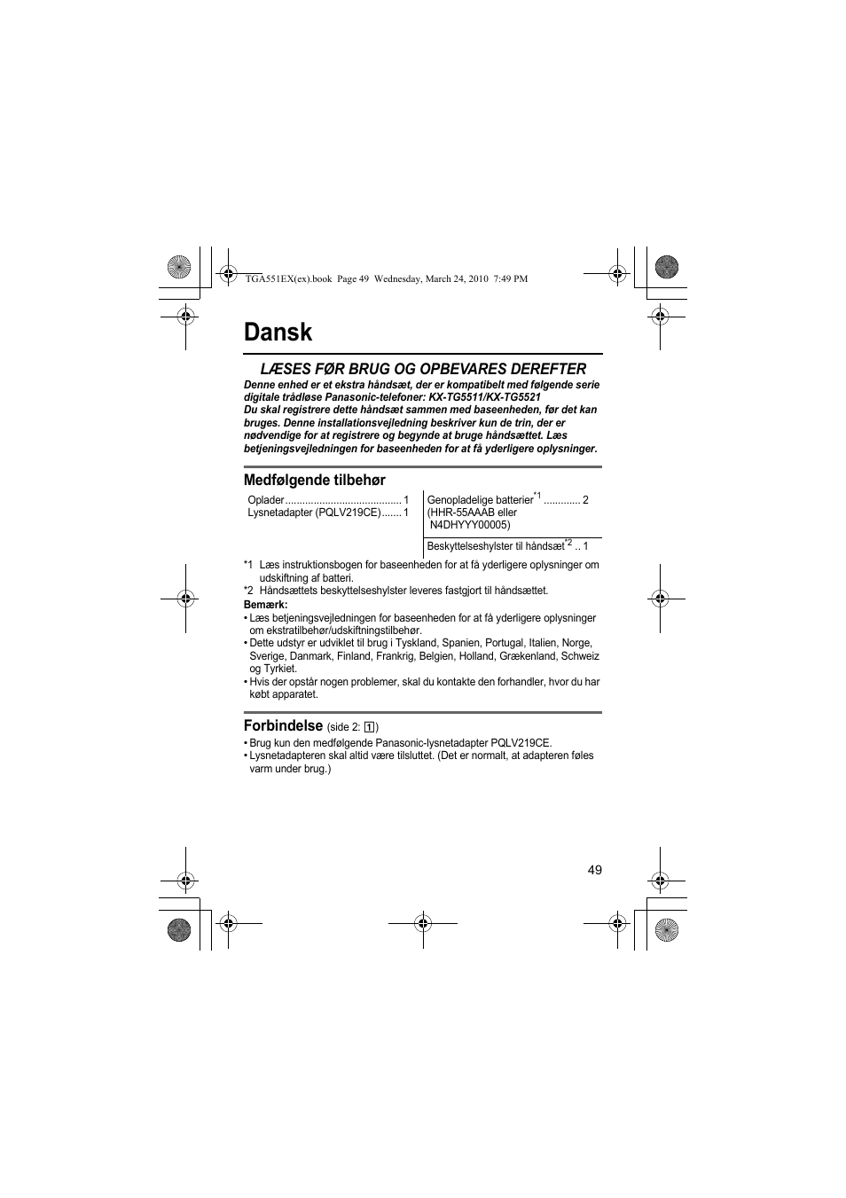 Dansk, Læses før brug og opbevares derefter, Medfølgende tilbehør | Forbindelse | Panasonic KXTGA551EX User Manual | Page 49 / 76