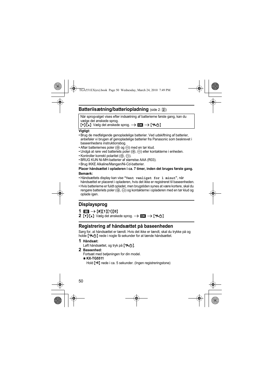 Batteriisætning/batteriopladning, Displaysprog, Registrering af håndsættet på baseenheden | Panasonic KXTGA551EX User Manual | Page 50 / 76