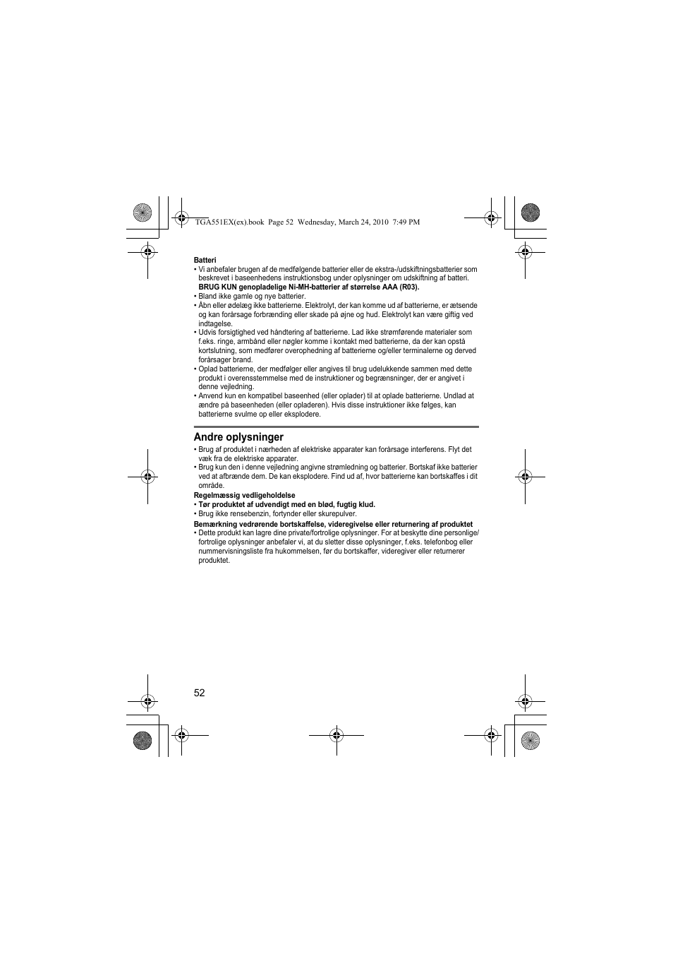 Andre oplysninger | Panasonic KXTGA551EX User Manual | Page 52 / 76
