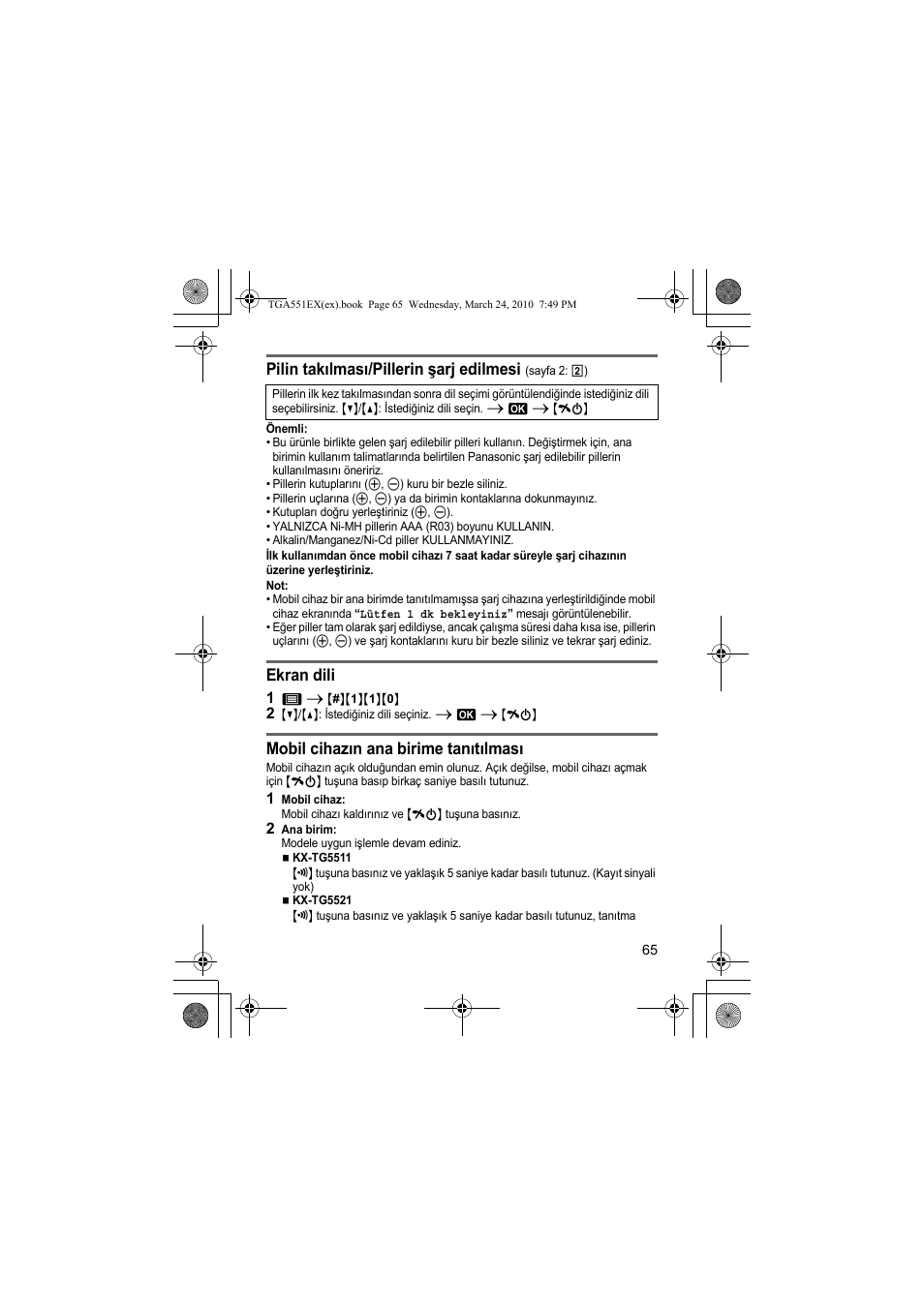 Pilin takılması/pillerin şarj edilmesi, Ekran dili, Mobil cihazın ana birime tanıtılması | Panasonic KXTGA551EX User Manual | Page 65 / 76