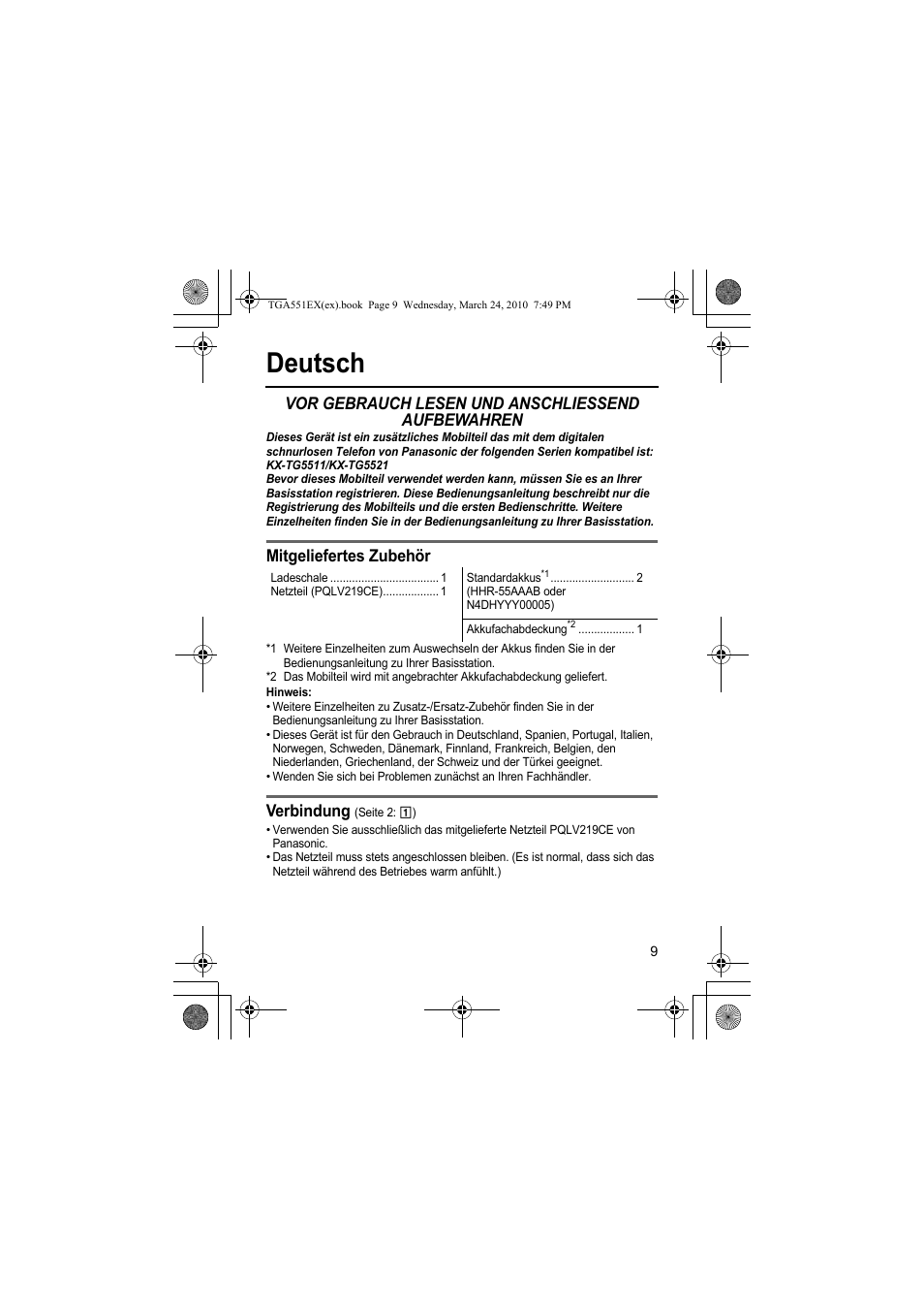 Deutsch, Vor gebrauch lesen und anschliessend aufbewahren, Mitgeliefertes zubehör | Verbindung | Panasonic KXTGA551EX User Manual | Page 9 / 76