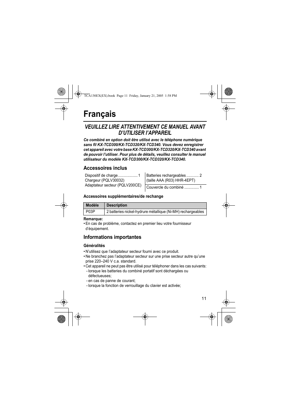 Français | Panasonic KXTCA130EX User Manual | Page 11 / 60