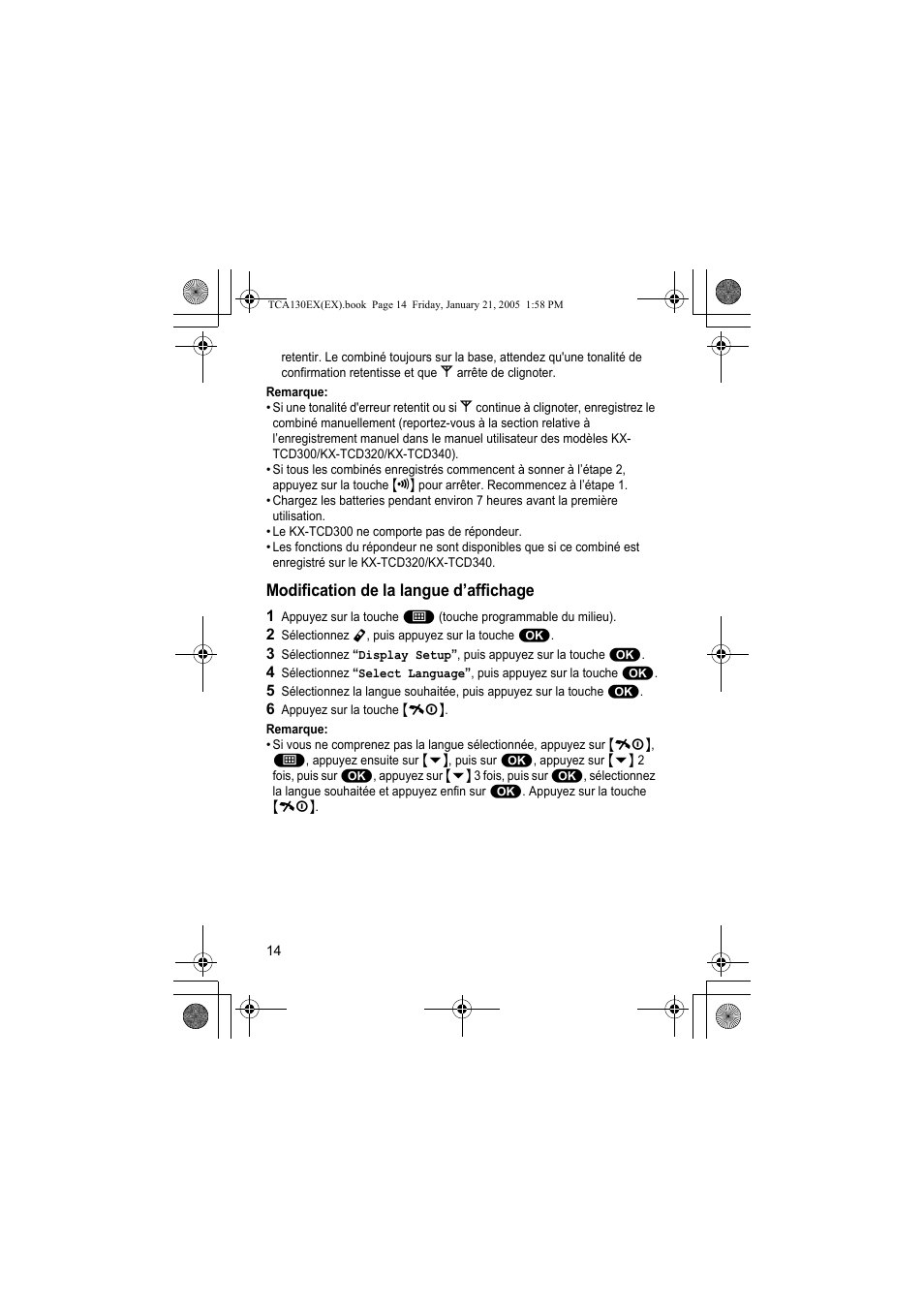 Modification de la langue d’affichage | Panasonic KXTCA130EX User Manual | Page 14 / 60