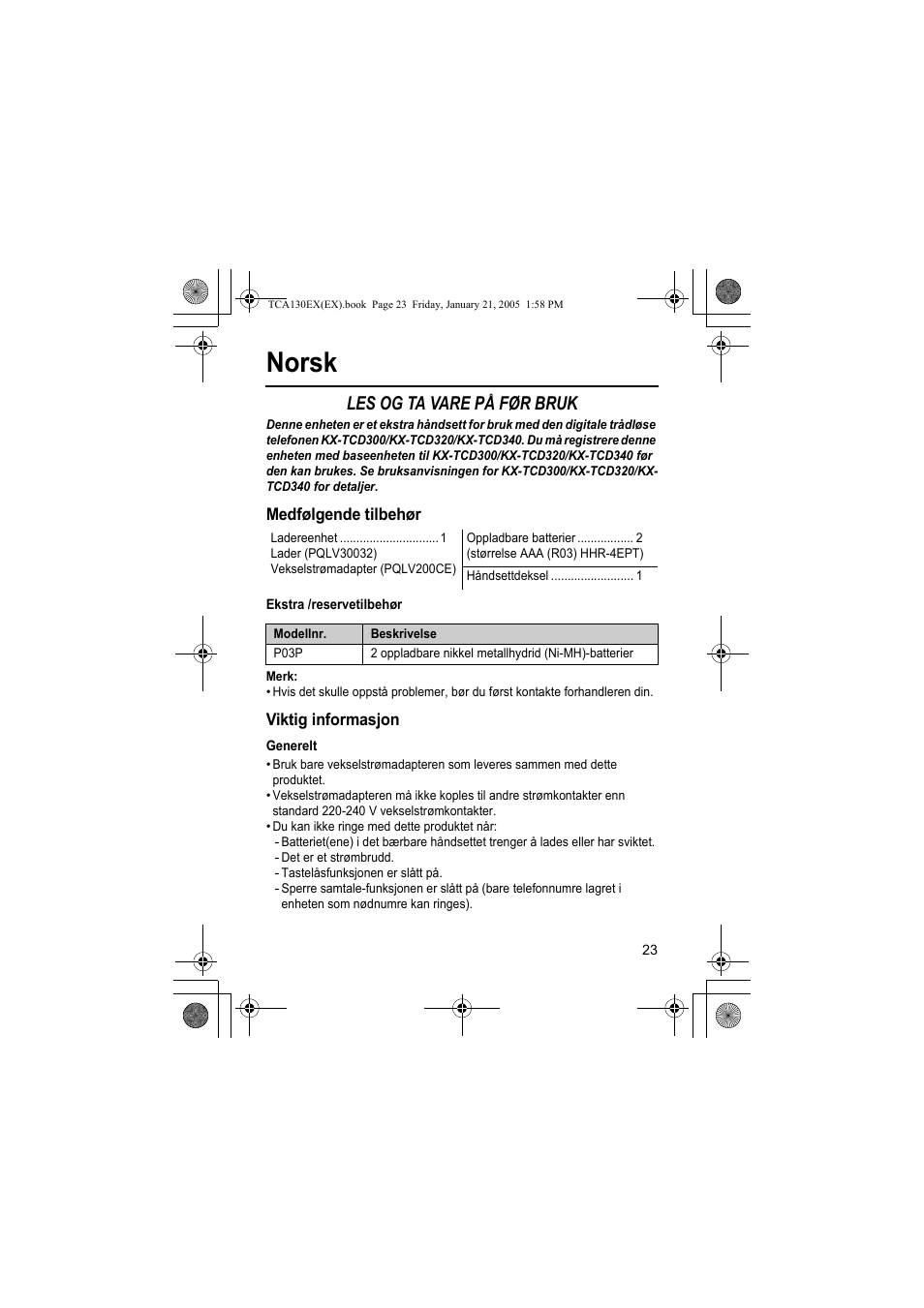 Norsk, Les og ta vare på før bruk | Panasonic KXTCA130EX User Manual | Page 23 / 60