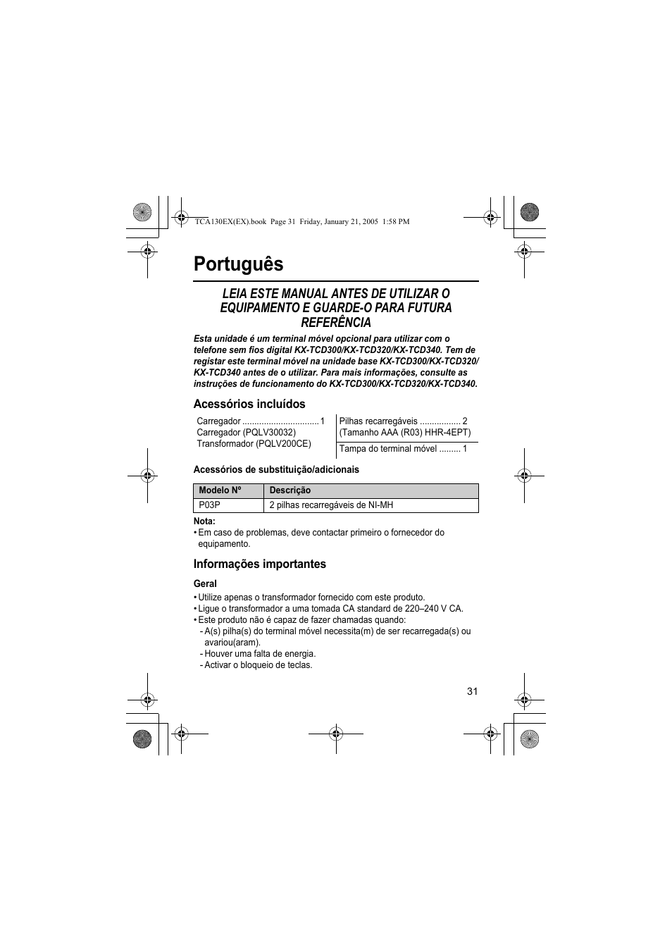 Português | Panasonic KXTCA130EX User Manual | Page 31 / 60