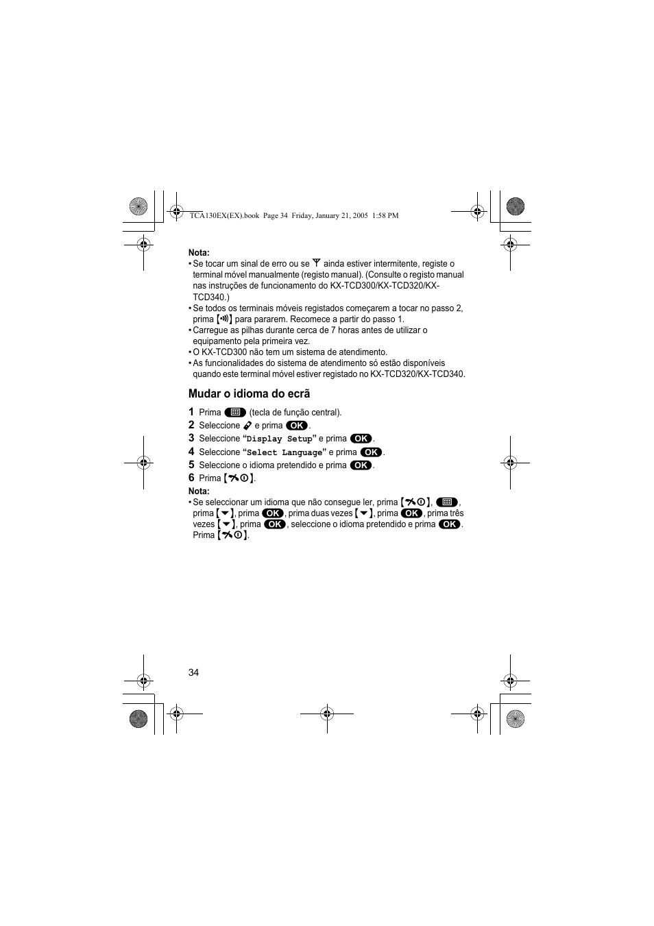 Mudar o idioma do ecrã | Panasonic KXTCA130EX User Manual | Page 34 / 60