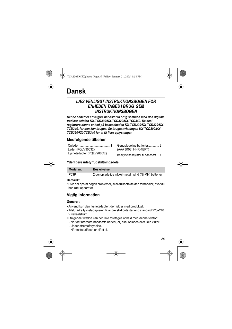 Dansk | Panasonic KXTCA130EX User Manual | Page 39 / 60