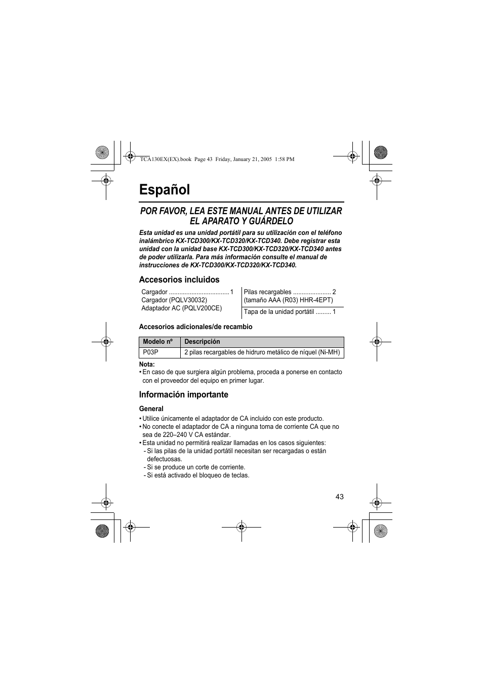 Español | Panasonic KXTCA130EX User Manual | Page 43 / 60