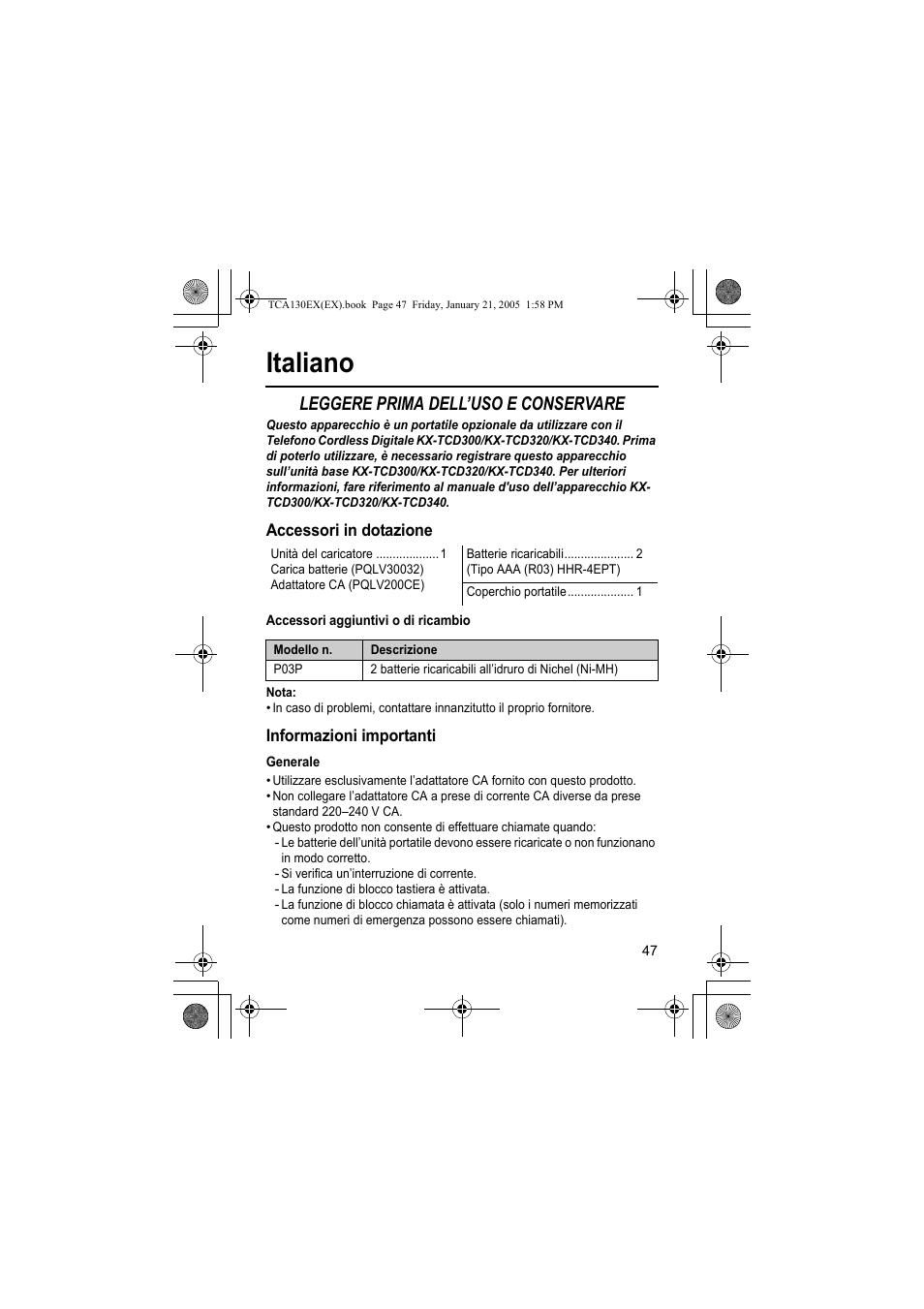 Italiano, Leggere prima dell’uso e conservare | Panasonic KXTCA130EX User Manual | Page 47 / 60