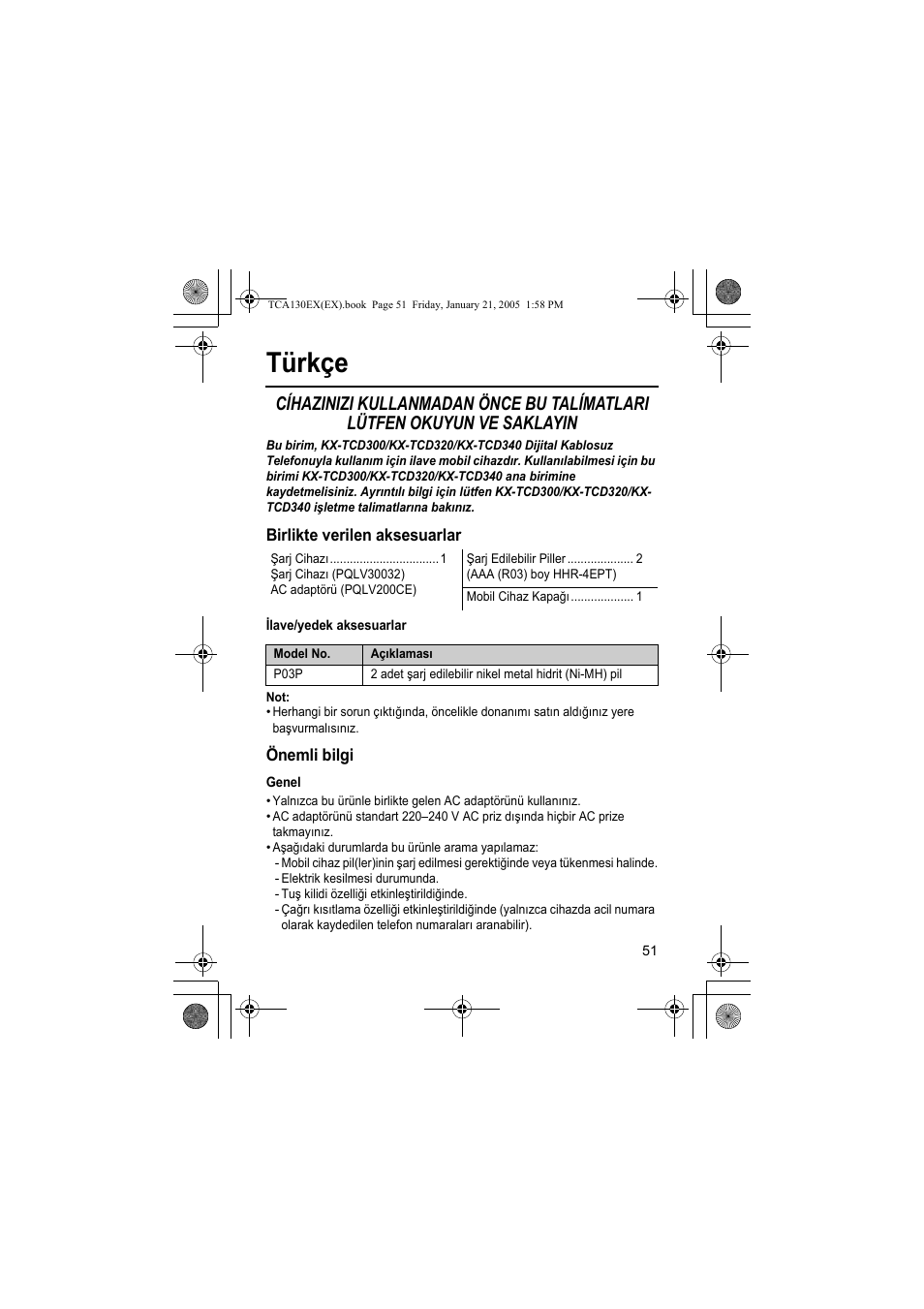 Türkçe | Panasonic KXTCA130EX User Manual | Page 51 / 60