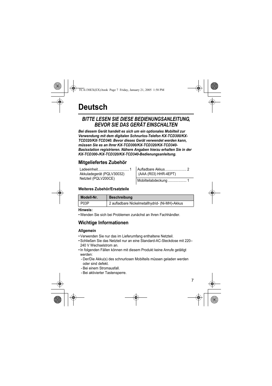 Deutsch | Panasonic KXTCA130EX User Manual | Page 7 / 60