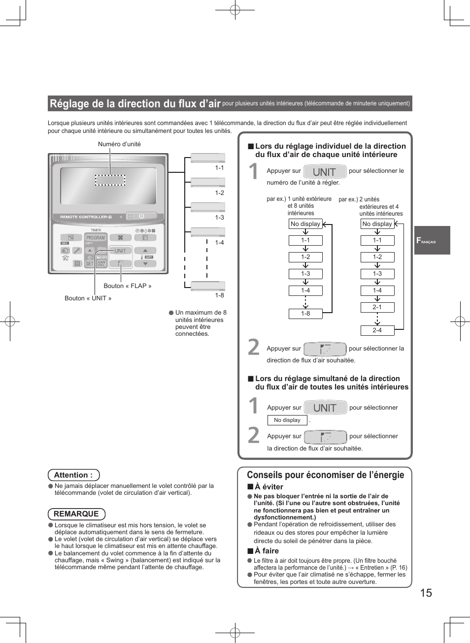 Réglage de la direction du fl ux d’air, Conseils pour économiser de l’énergie | Panasonic U71PEY1E5 User Manual | Page 15 / 80