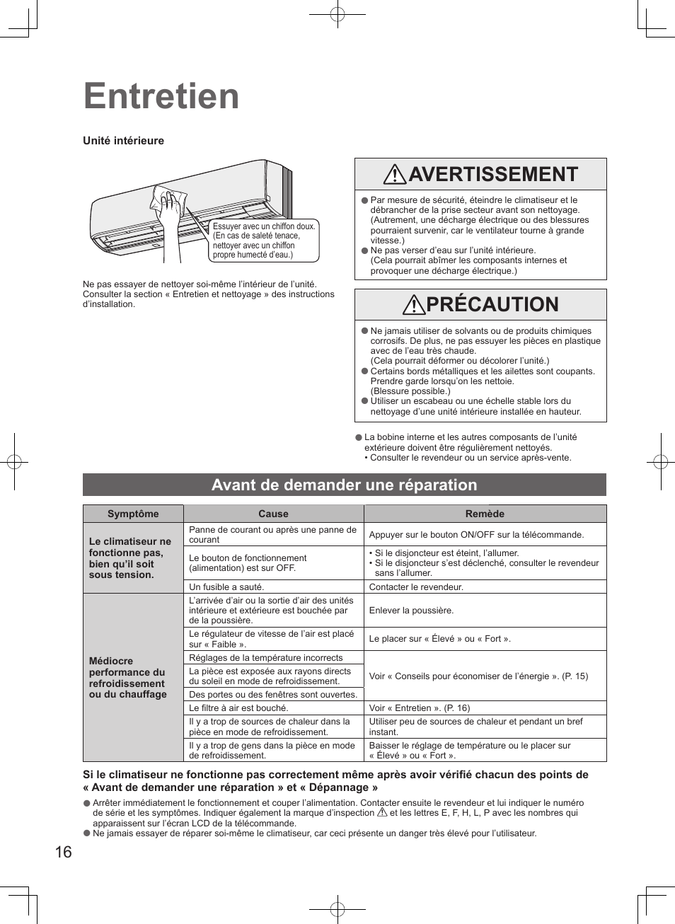 Entretien, Avertissement, Précaution | Avant de demander une réparation | Panasonic U71PEY1E5 User Manual | Page 16 / 80