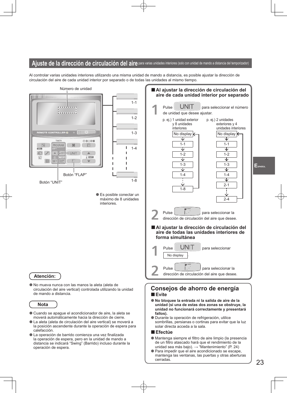 Ajuste de la dirección de circulación del aire, Consejos de ahorro de energía | Panasonic U71PEY1E5 User Manual | Page 23 / 80