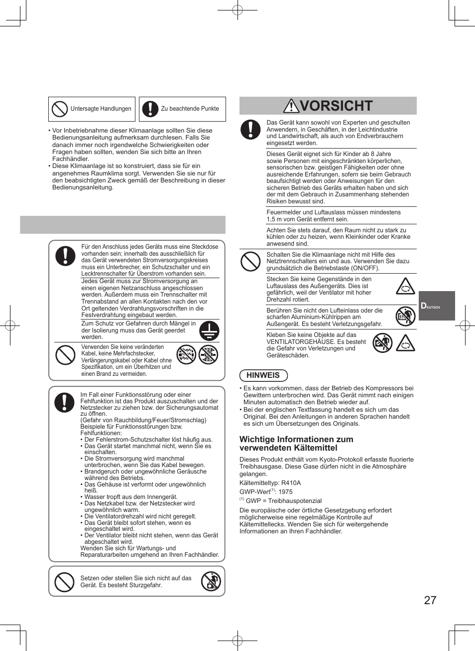 Vorsicht, Wichtige informationen zum verwendeten kältemittel | Panasonic U71PEY1E5 User Manual | Page 27 / 80