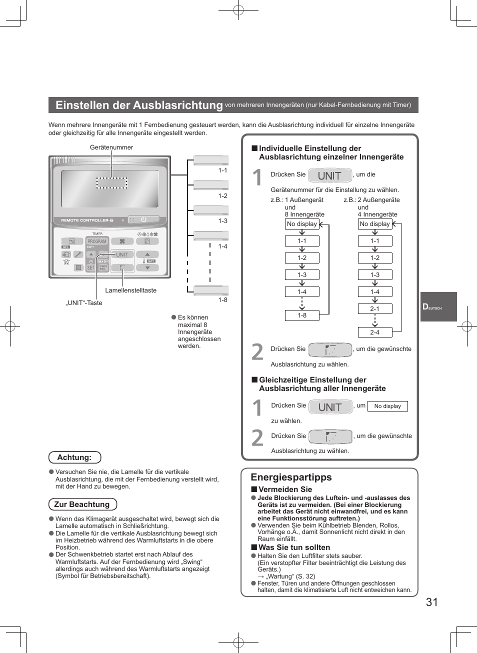 Einstellen der ausblasrichtung, Energiespartipps | Panasonic U71PEY1E5 User Manual | Page 31 / 80