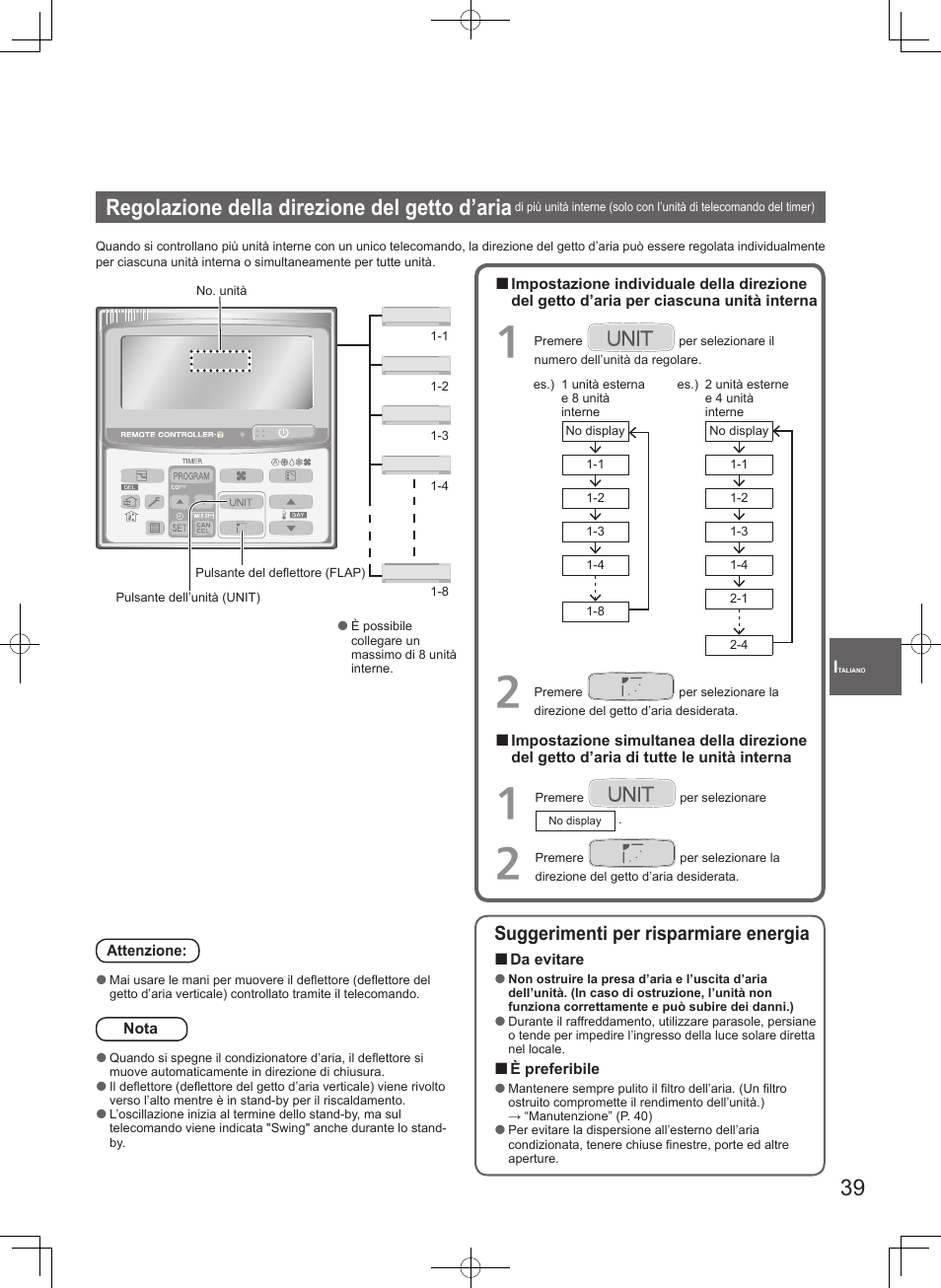 Regolazione della direzione del getto d’aria, Suggerimenti per risparmiare energia | Panasonic U71PEY1E5 User Manual | Page 39 / 80