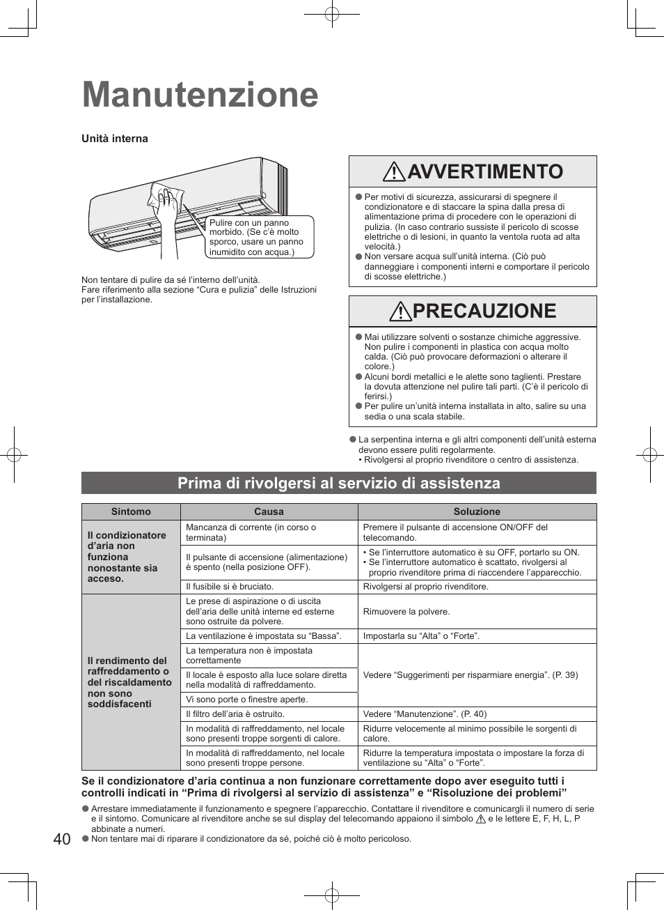 Manutenzione, Avvertimento, Precauzione | Prima di rivolgersi al servizio di assistenza | Panasonic U71PEY1E5 User Manual | Page 40 / 80