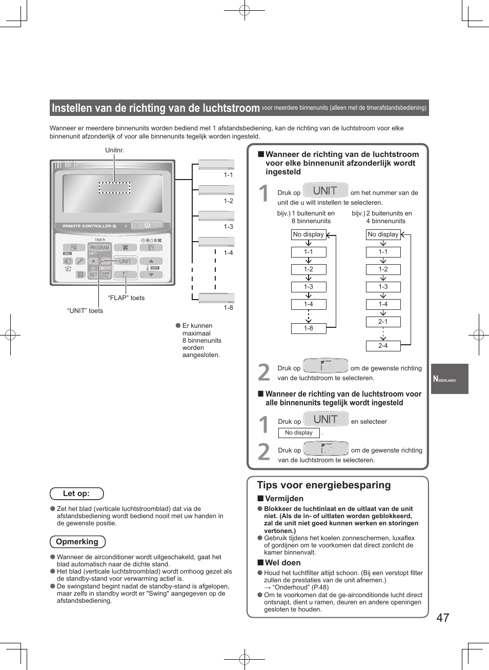 Instellen van de richting van de luchtstroom, Tips voor energiebesparing | Panasonic U71PEY1E5 User Manual | Page 47 / 80