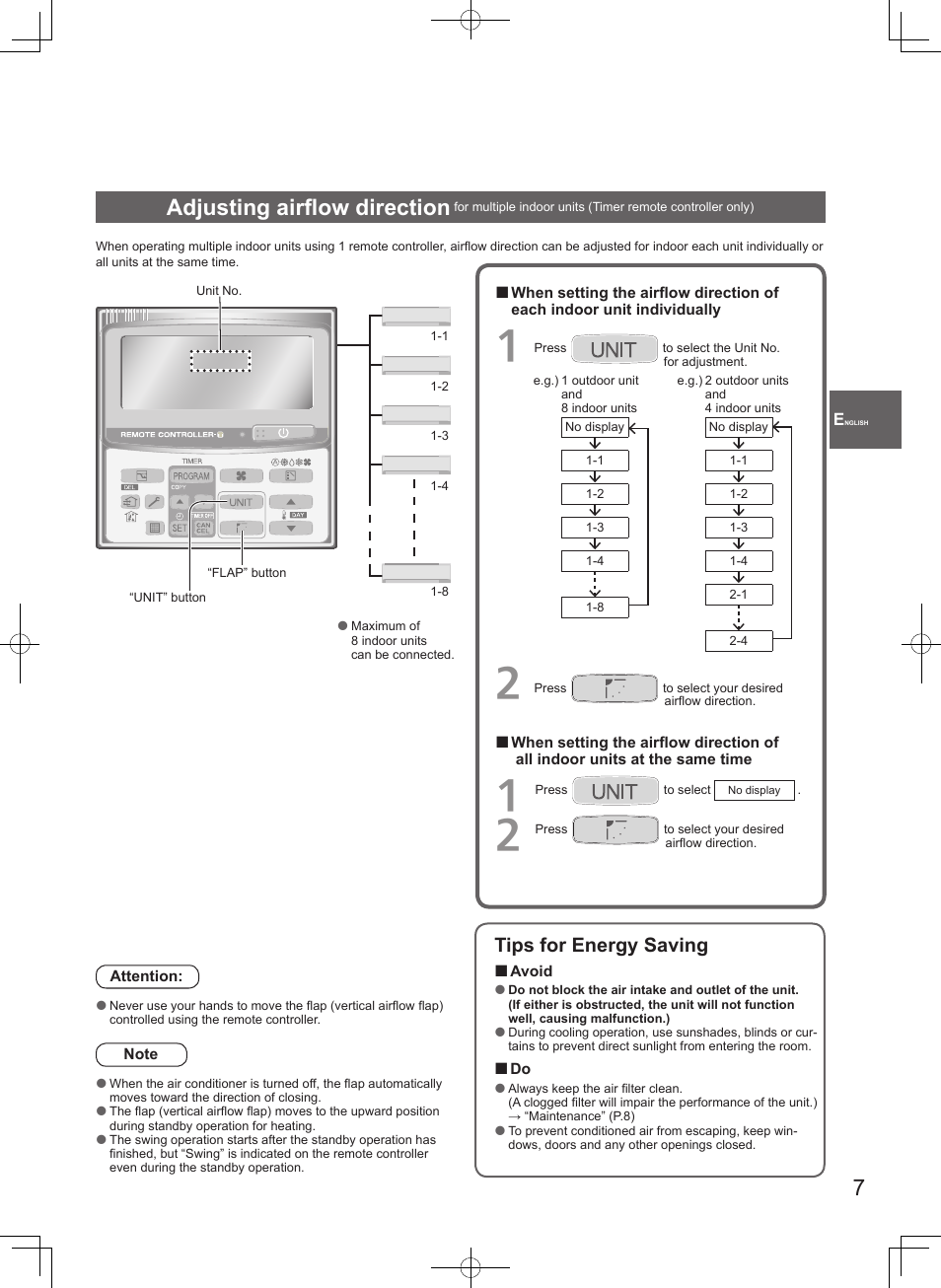 Adjusting airfl ow direction, Tips for energy saving | Panasonic U71PEY1E5 User Manual | Page 7 / 80