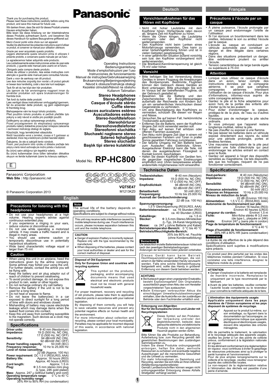 Panasonic RPHC800E User Manual | 8 pages