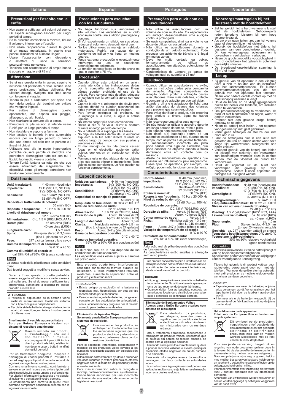 Español português italiano, Especifi caciones, Características técnicas | Dati tecnici, Nederlands, Technische gegevens | Panasonic RPHC800E User Manual | Page 2 / 8