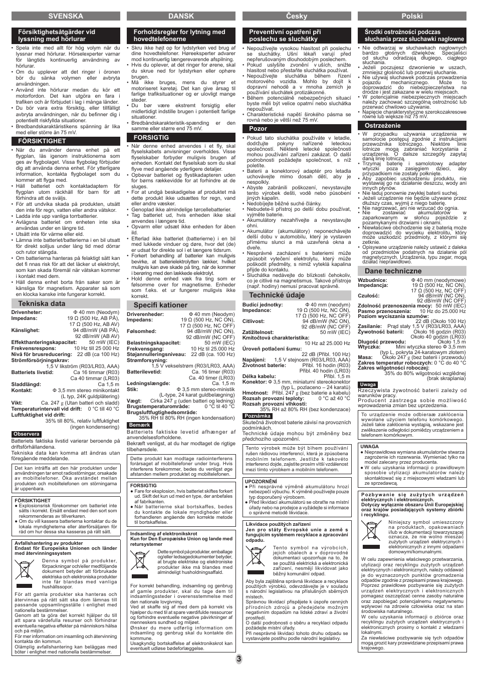 Polski česky svenska dansk, Tekniska data, Dane techniczne | Technické údaje, Specifi kationer | Panasonic RPHC800E User Manual | Page 3 / 8