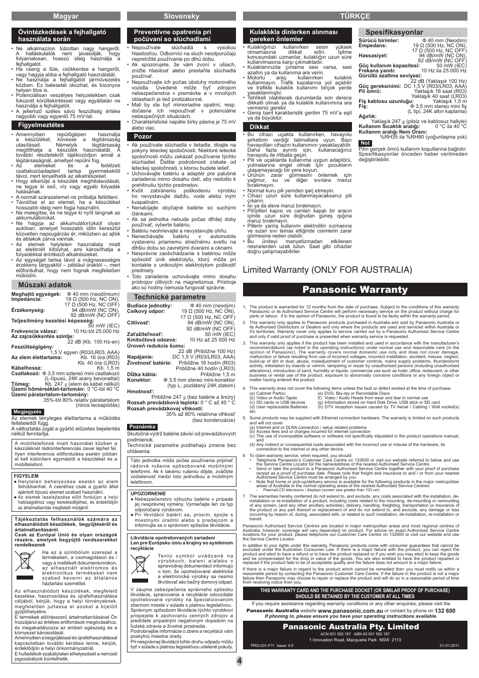 Panasonic warranty, Limited warranty (only for australia), Panasonic australia pty. limited | Magyar slovensky, Technické parametre, Türkçe, Spesifi kasyonlar, Műszaki adatok | Panasonic RPHC800E User Manual | Page 4 / 8