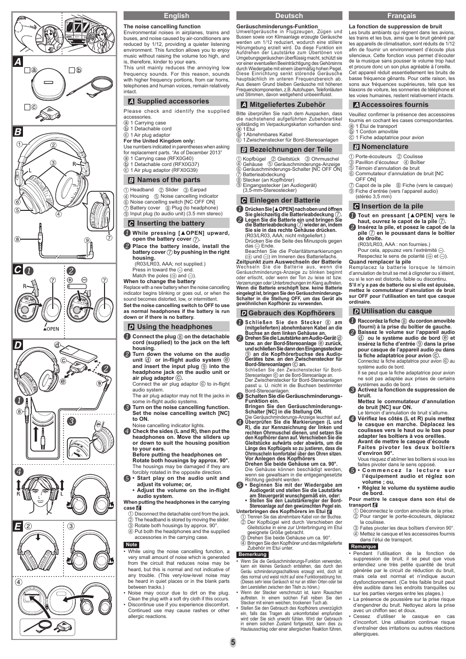 Français deutsch english, Supplied accessories, Names of the parts | Inserting the battery, Using the headphones, Accessoires fournis, Nomenclature, Insertion de la pile, Utilisation du casque, Mitgeliefertes zubehör | Panasonic RPHC800E User Manual | Page 5 / 8