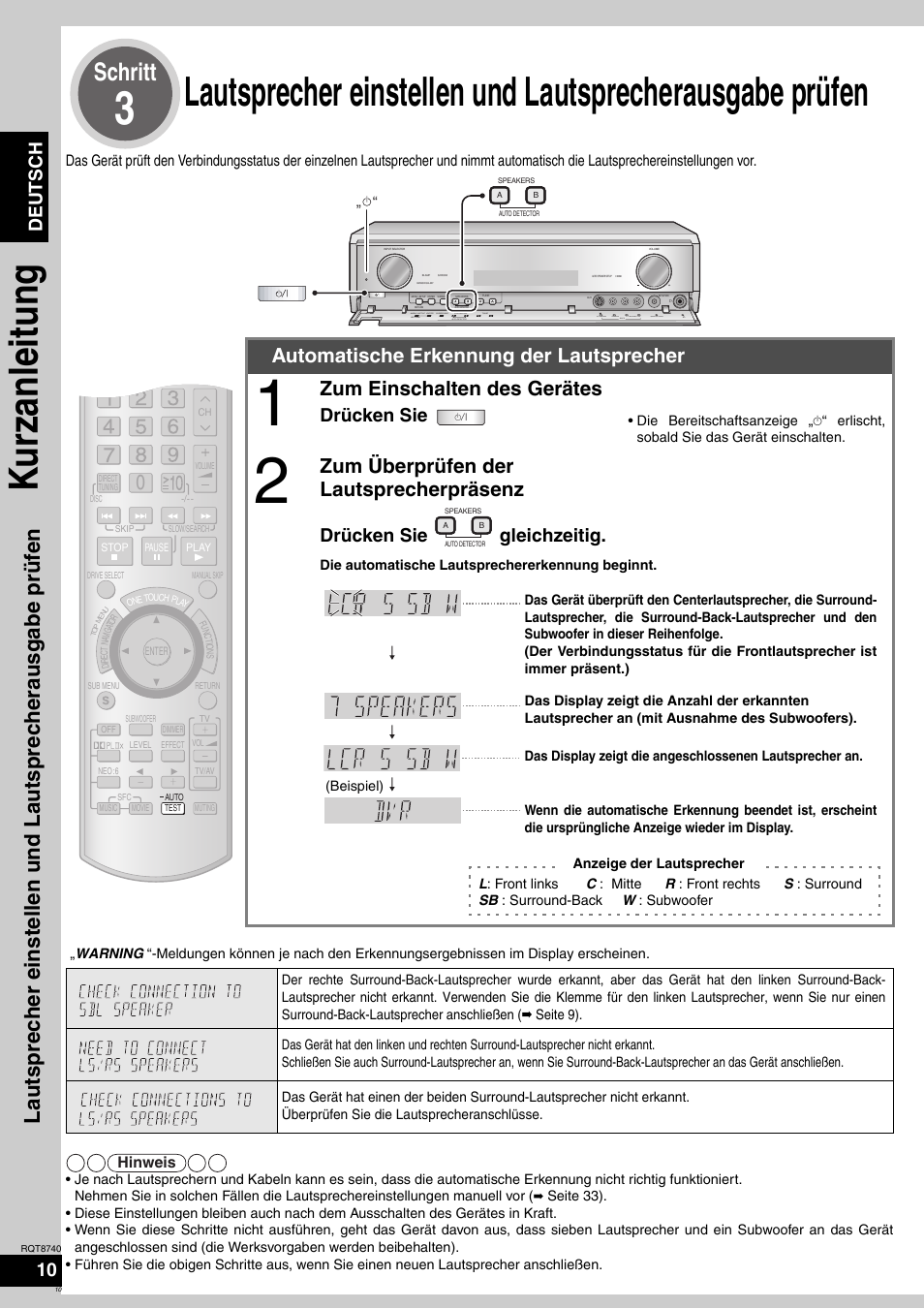 Ku rzanleitung, Schritt, Automatische erkennung der lautsprecher | Zum einschalten des gerätes, Zum überprüfen der lautsprecherpräsenz, Deutsch, Drücken sie, Drücken sie gleichzeitig, Hinweis | Panasonic SAXR700 User Manual | Page 10 / 144