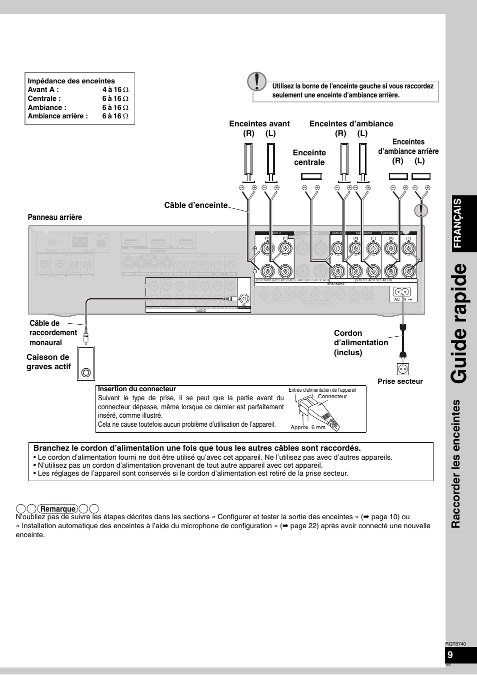 Guide rapide, Raccorder les enceintes, Français 9 | Prise secteur | Panasonic SAXR700 User Manual | Page 105 / 144