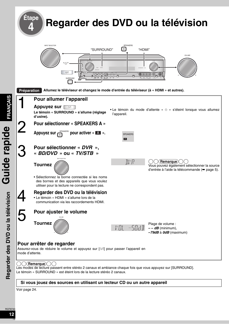Regarder des dvd ou la télévision, Guide rapide, Étape | Regarder des dvd ou la télé vis ion, Pour allumer l’appareil, Pour sélectionner « speakers a, Pour sélectionner « dvr », « bd/dvd » ou « tv/stb, Pour ajuster le volume, Pour arrêter de regarder, Français 12 | Panasonic SAXR700 User Manual | Page 108 / 144