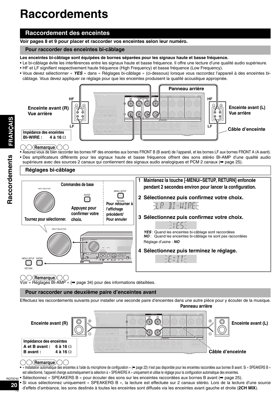 Raccordements, Raccord em en ts, Raccordement des enceintes | Français 20, Câble d’enceinte, Commandes de base, Impédance des enceintes bi-wire : 4 à 16 ω, Surround speakers enter, Menu, Setup auto detector | Panasonic SAXR700 User Manual | Page 116 / 144
