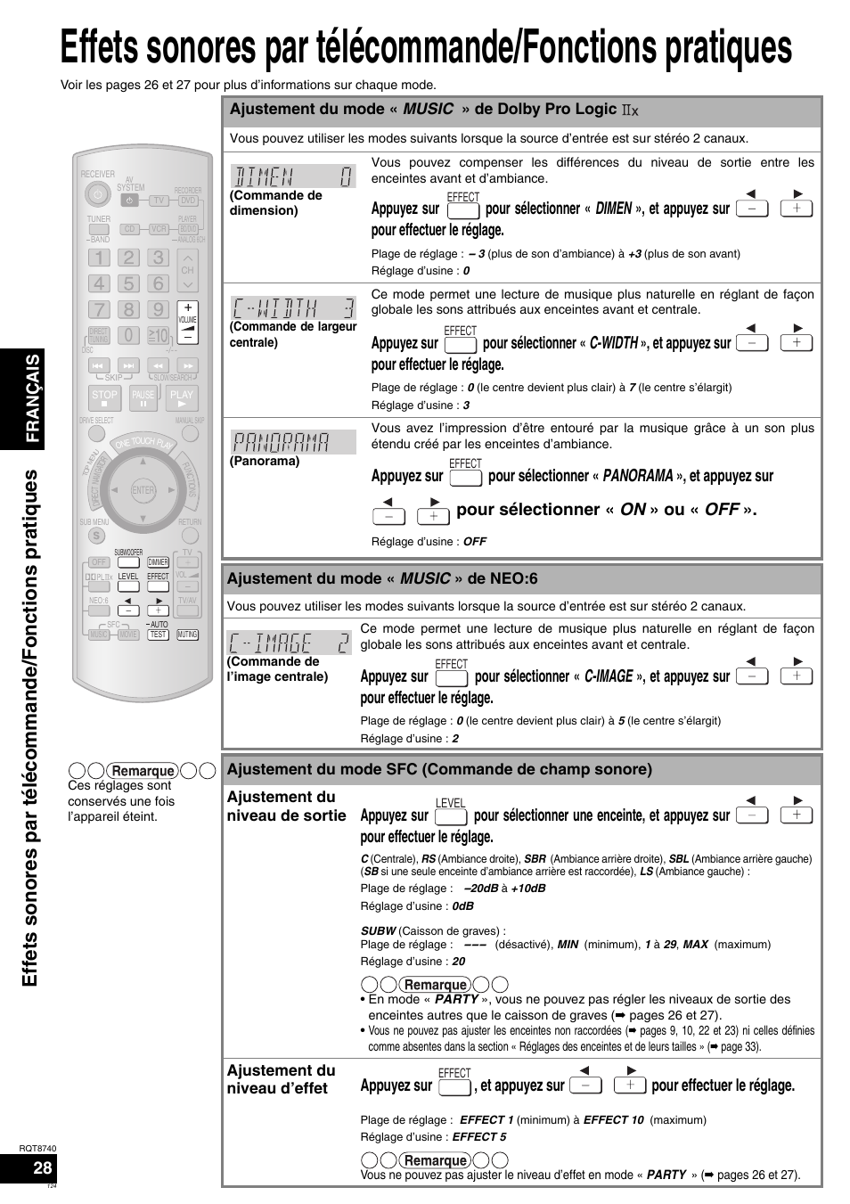 Français 28, Ajustement du mode « music » de dolby pro logic, Ajustement du mode « music » de neo:6 | Ajustement du niveau d’effet | Panasonic SAXR700 User Manual | Page 124 / 144