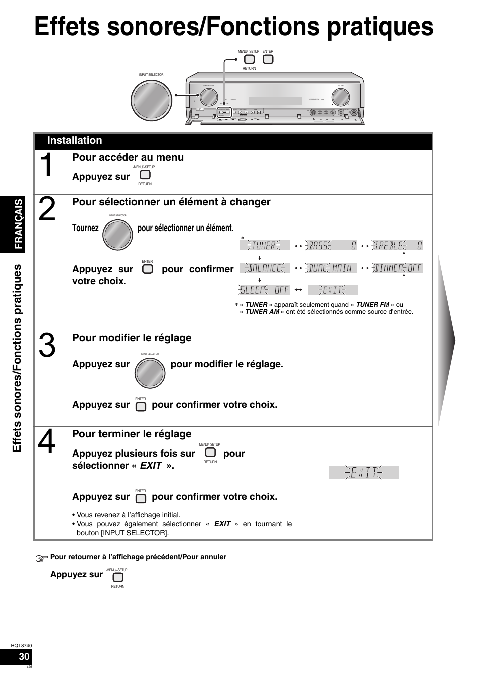 Effets sonores/fonctions pratiques, Eff ets sonores /fonc tions pra tique s, Installation | Pour accéder au menu, Pour sélectionner un élément à changer, Pour modifier le réglage, Pour terminer le réglage, Français 30, Appuyez sur | Panasonic SAXR700 User Manual | Page 126 / 144