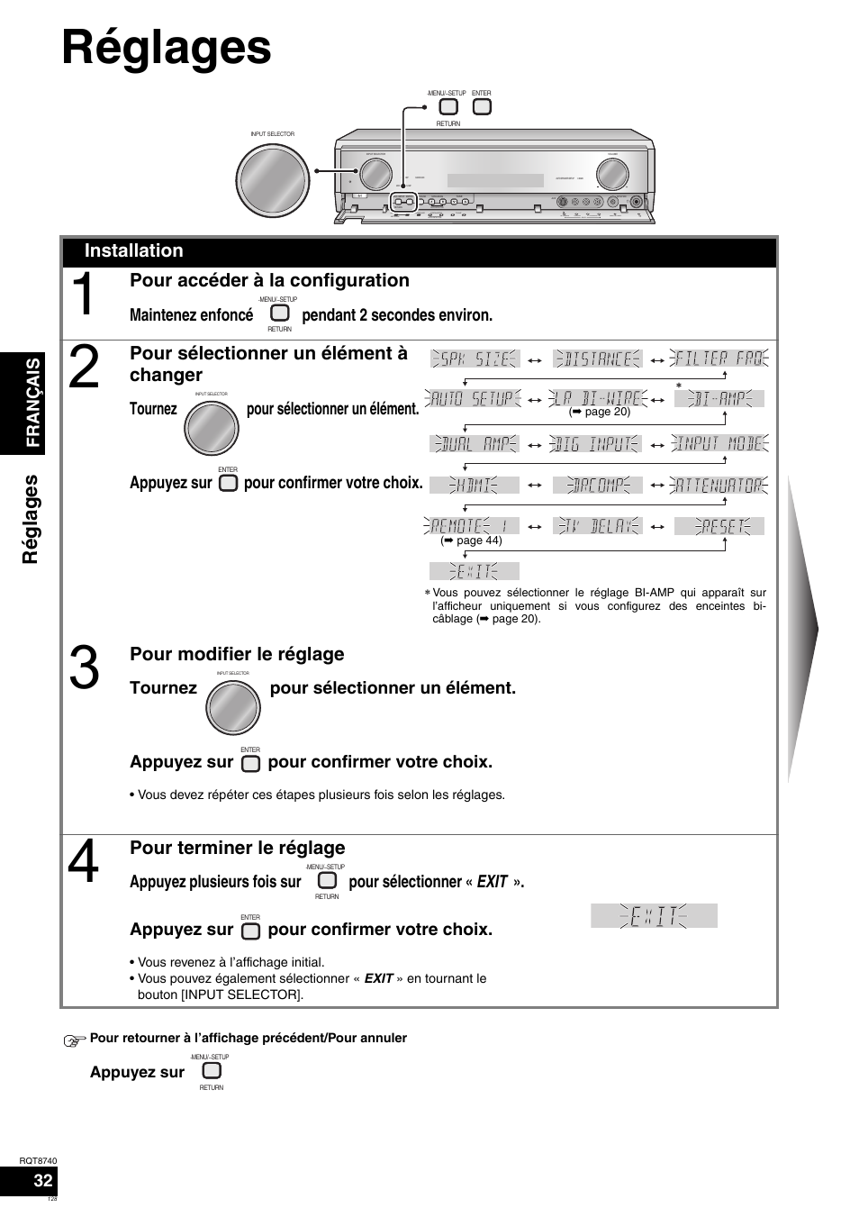 Réglages, Ré gla g es, Installation | Pour accéder à la configuration, Pour sélectionner un élément à changer, Pour modifier le réglage, Pour terminer le réglage, Français 32, Maintenez enfoncé pendant 2 secondes environ, Appuyez sur | Panasonic SAXR700 User Manual | Page 128 / 144