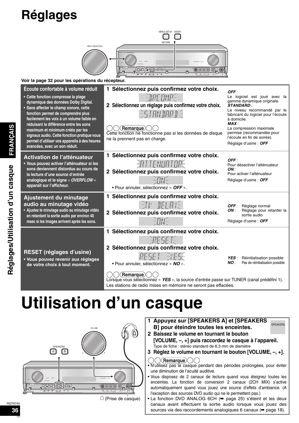 Utilisation d’un casque, Réglages, Réglages/utilisation d’un casque | Français 36, Écoute confortable à volume réduit, Activation de l’atténuateur, Ajustement du minutage audio au minutage vidéo, Reset (réglages d’usine), 3 réglez le volume en tournant le bouton [volume | Panasonic SAXR700 User Manual | Page 132 / 144