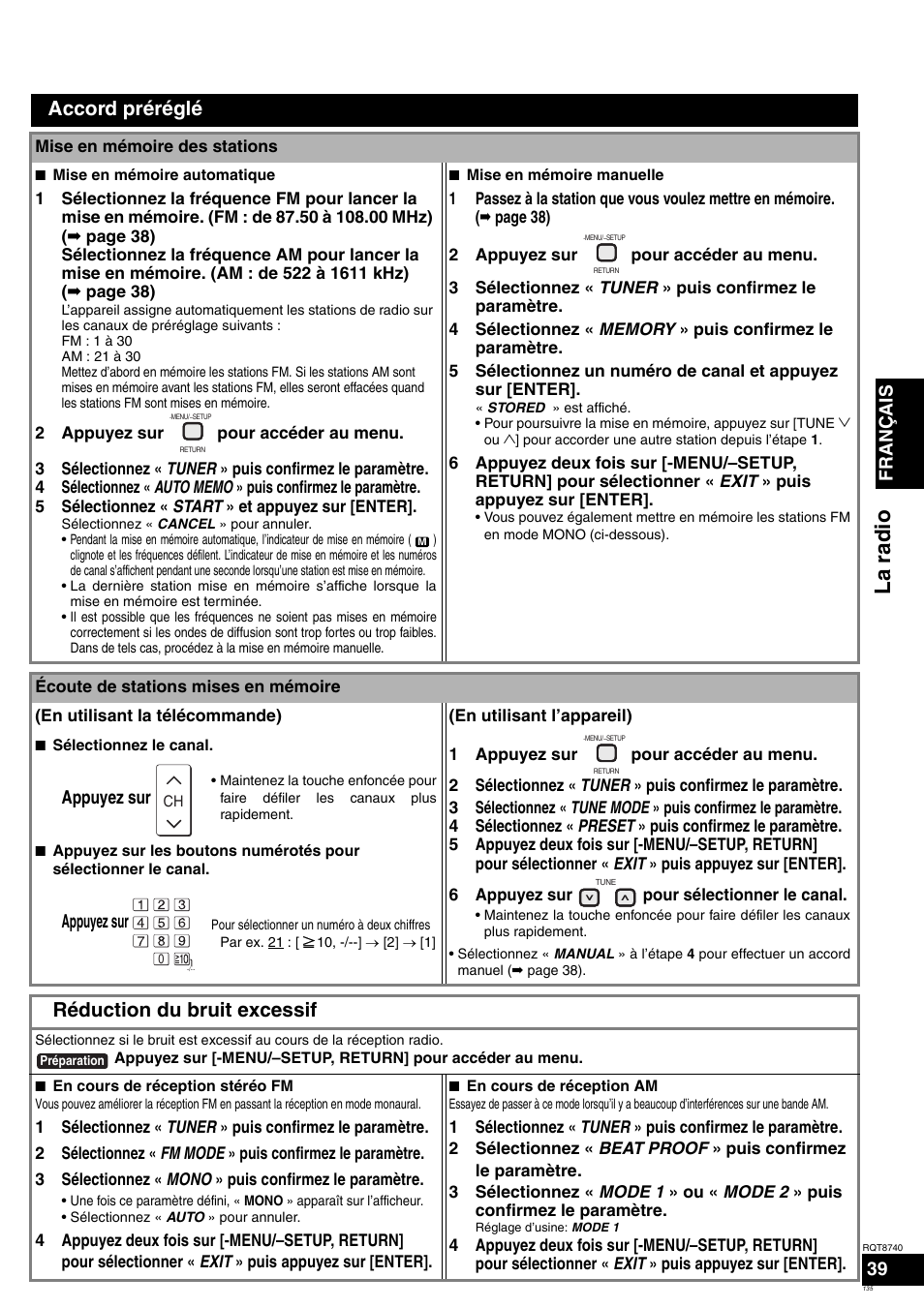 La radio, Accord préréglé, Réduction du bruit excessif | Français 39, Appuyez sur | Panasonic SAXR700 User Manual | Page 135 / 144