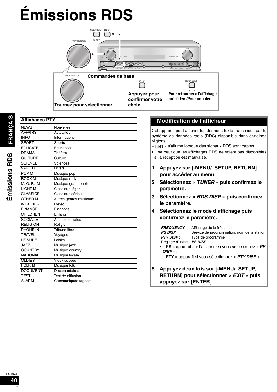 Émissions rds, Français 40, Modification de l’afficheur | Tournez pour sélectionner. affichages pty | Panasonic SAXR700 User Manual | Page 136 / 144