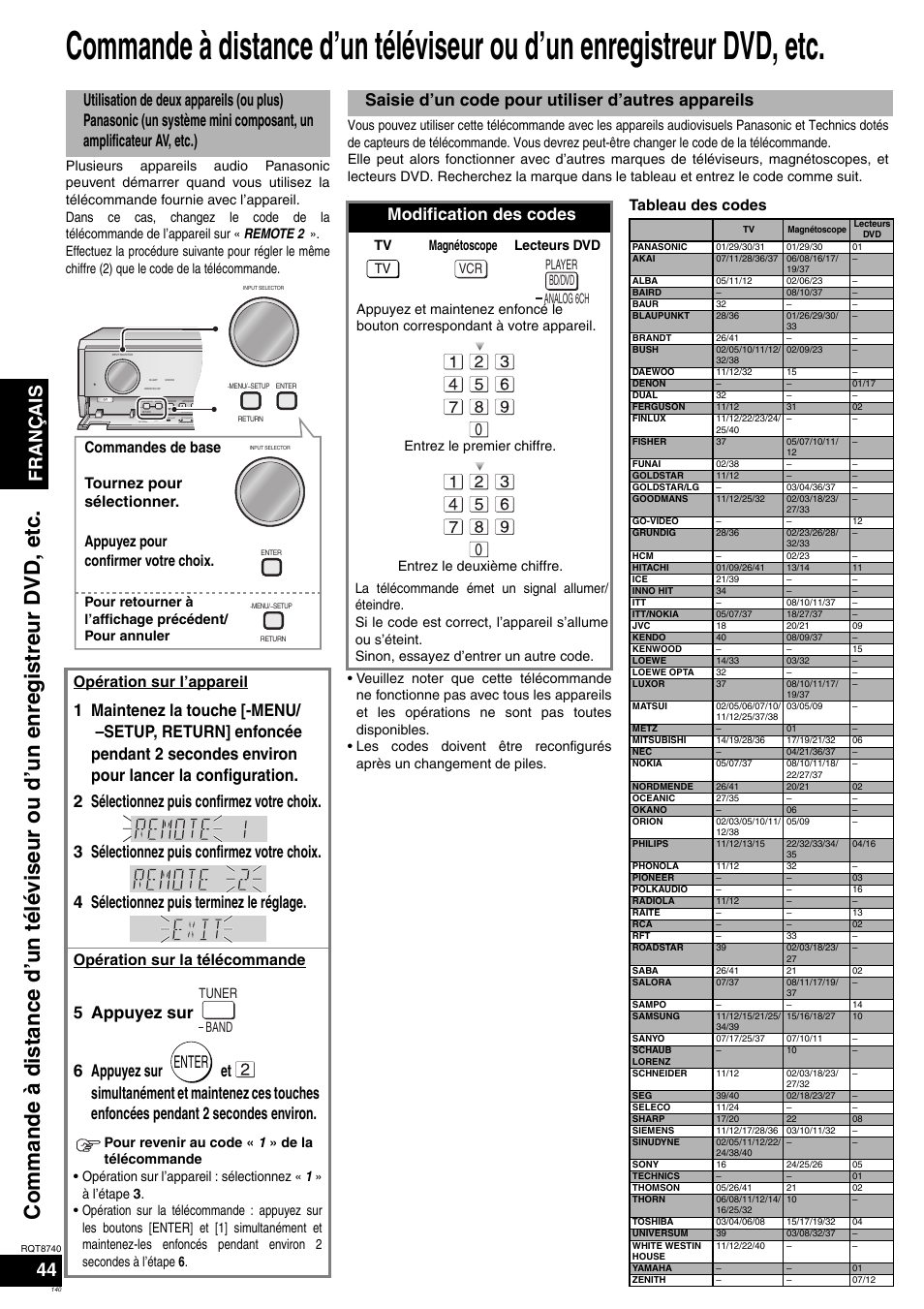 Français 44, Enter, Saisie d’un code pour utiliser d’autres appareils | Modification des codes, Tableau des codes, Opération sur l’appareil, Opération sur la télécommande, Surround speakers enter, Menu, Setup auto detector | Panasonic SAXR700 User Manual | Page 140 / 144