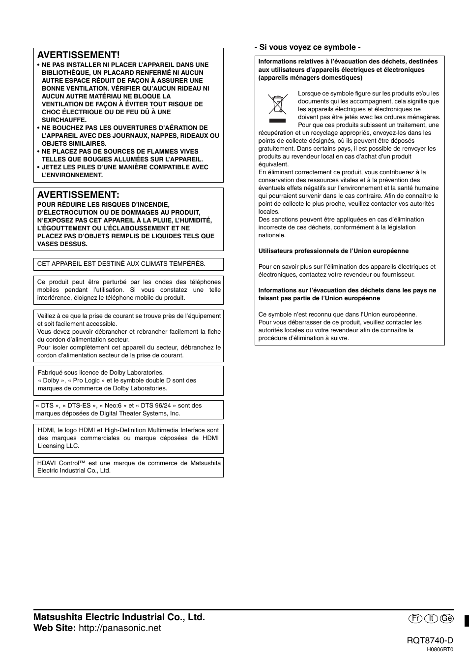 Avertissement, Rqt8740-d | Panasonic SAXR700 User Manual | Page 144 / 144