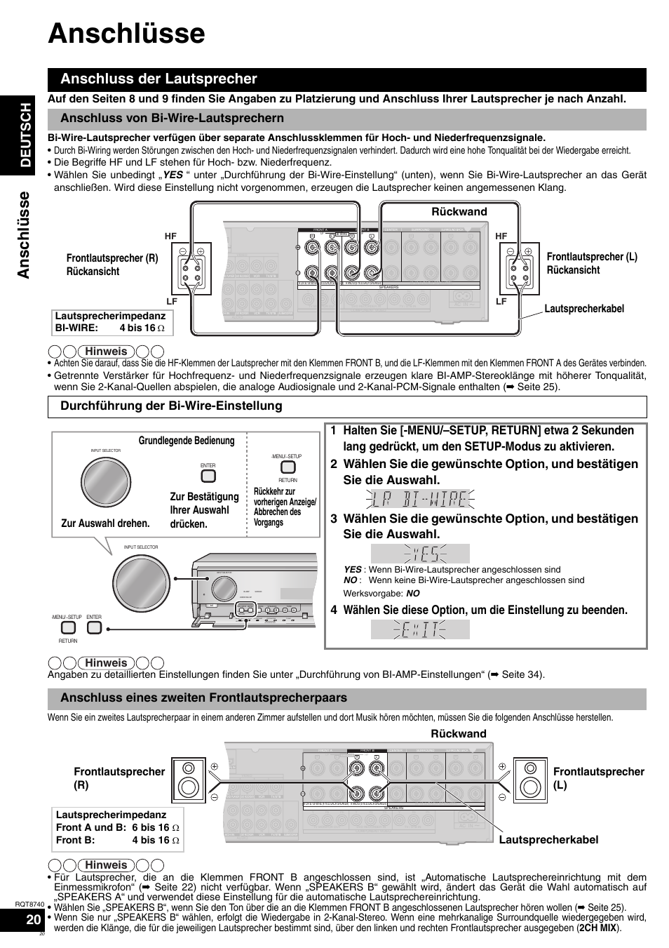 Anschlüsse, Anschluss der lautsprecher, Deutsch | Hinweis, Lautsprecherkabel, Grundlegende bedienung, Lautsprecherimpedanz bi-wire: 4 bis 16, Surround speakers enter, Menu, Setup auto detector | Panasonic SAXR700 User Manual | Page 20 / 144